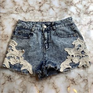 Cut off jean shorts with lace sides high waisted